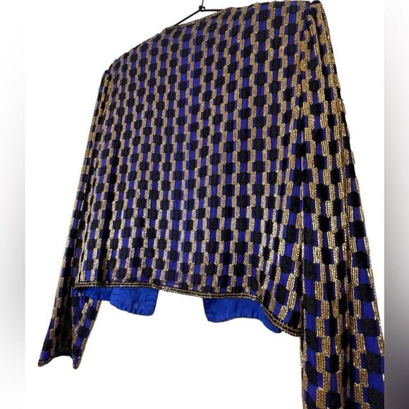 Adrianna Papell Evening Blue & Gold Beaded Silk Jacket | Size Small S - Picture 4 of 7